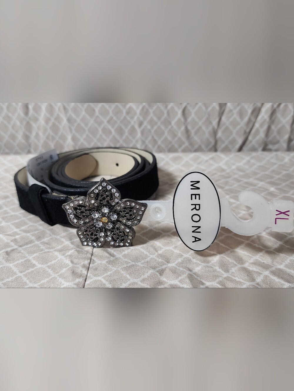 NWT Merona Black Leather Rhinestone Flower Closure Belt Women's XL